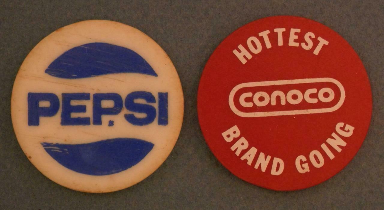2 Conoco Plastic Tokens Pepsi Logo On One With Behm's Service Chip Tray17-24