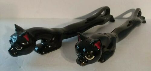 10.5" Long! Black Panther Cats Salt & Pepper Shakers Vintage Mcm Big Eyes Japan
