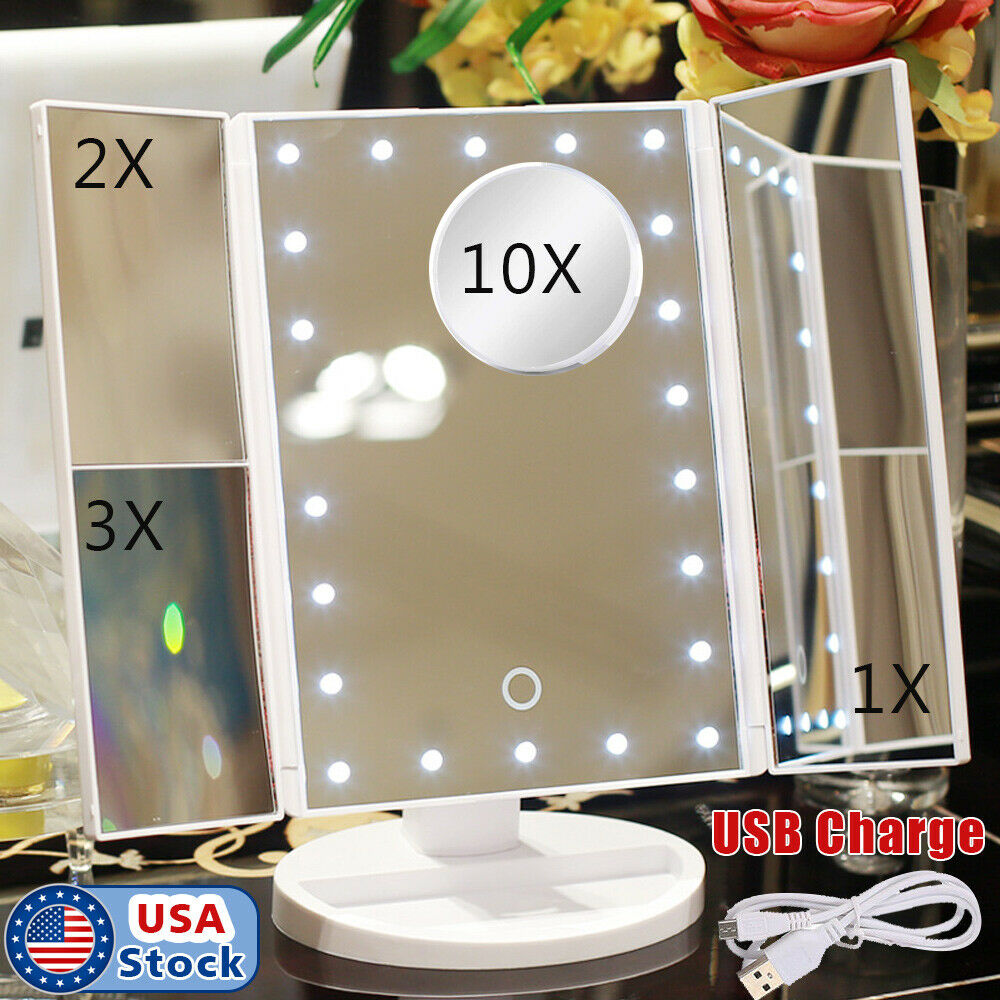 Tri-fold Vanity Makeup Mirror 22 Led Lighted 10x Magnifying Folding Cosmetic