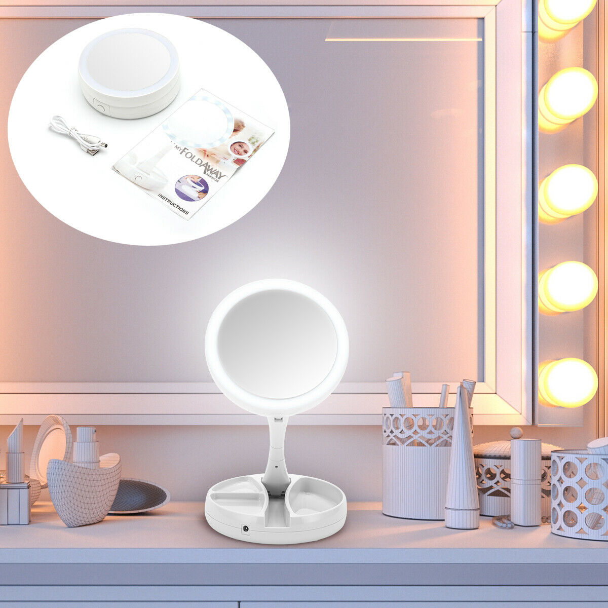 Led Light 10x Magnifying Makeup Mirror Beauty Stand Double Side 360° Rotation