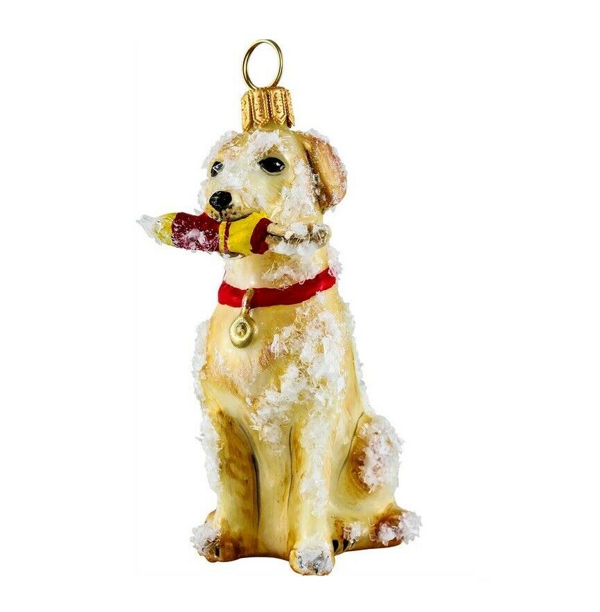 Snowy Labrador With Buoy Sitting Dog Polish Blown Glass Christmas Ornament