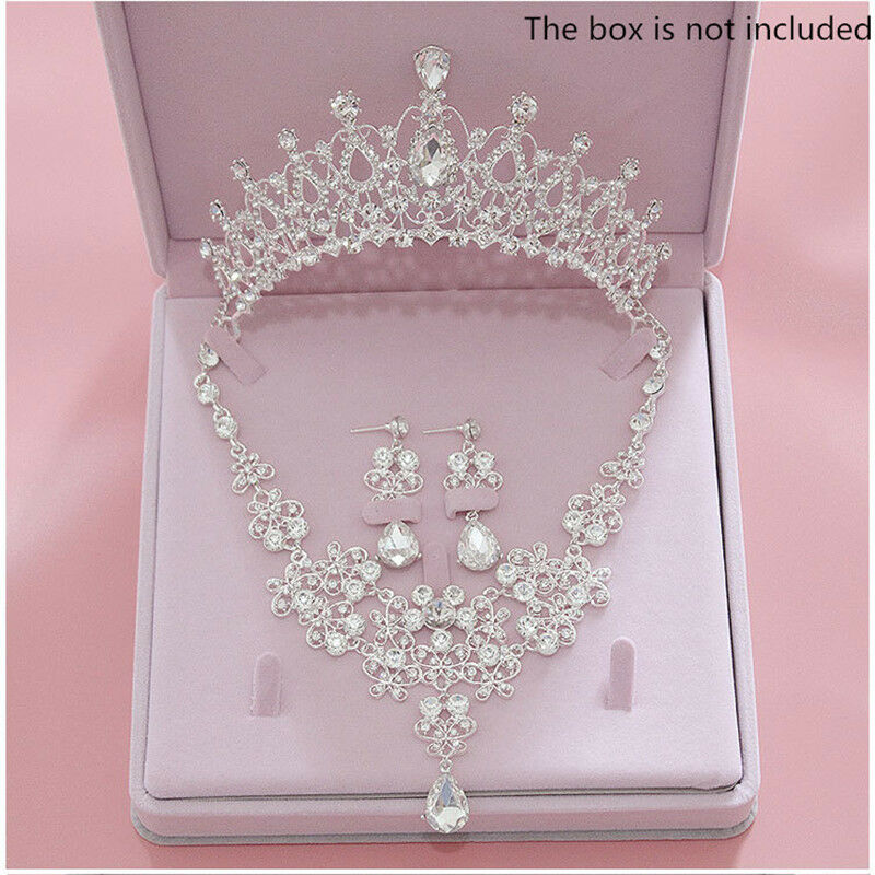 Girl Wedding Bridal Crystal Rhinestone Necklace Earrings Crown Tiara Jewelry Set