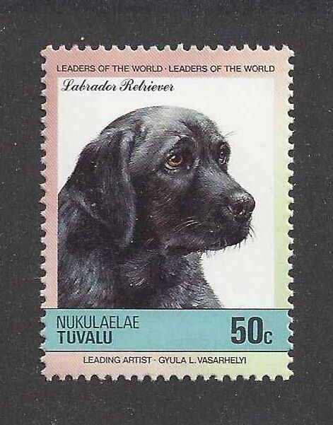 Dog Art Head Study Portrait Postage Stamp Black Labrador Retriever Tuvalu Mnh