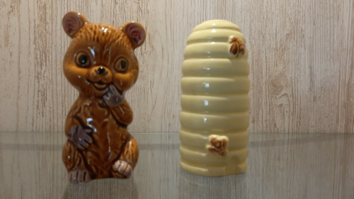 Japanese Vintage Honey Bear And Bee Hive Salt & Pepper Shakers