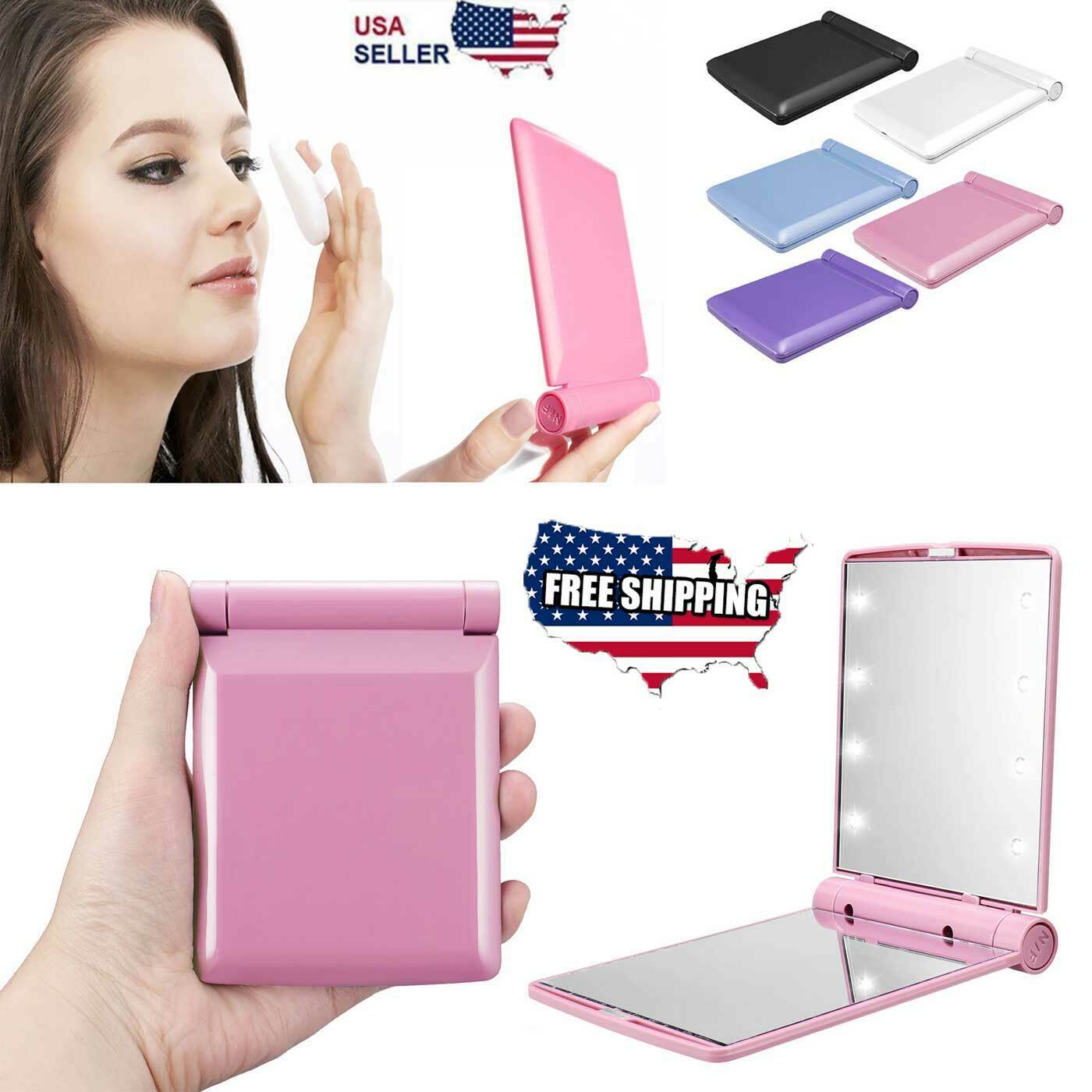 Makeup Compact Mirror Cosmetic Folding Portable Pocket With 8 Led Lights Lamps