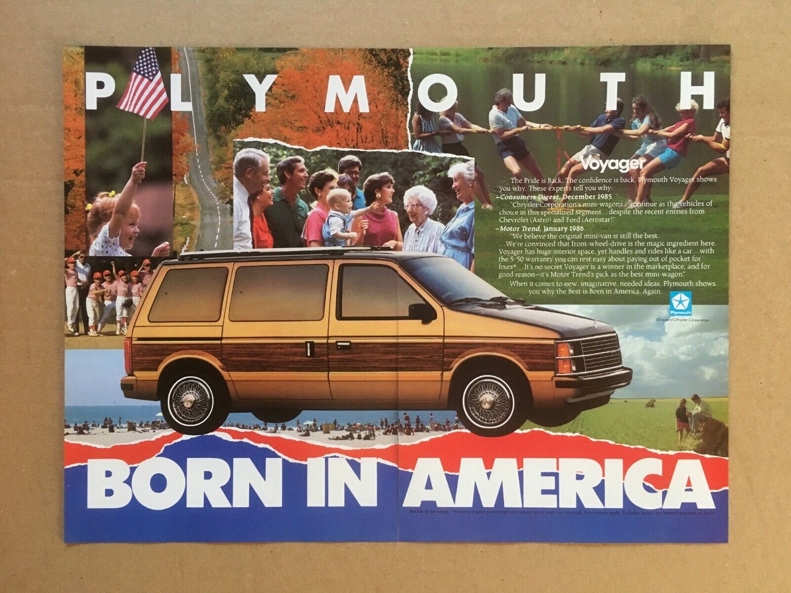 1986 Plymouth Voyager "born In America" Original 2-page Print Ad, 13.5"x10"