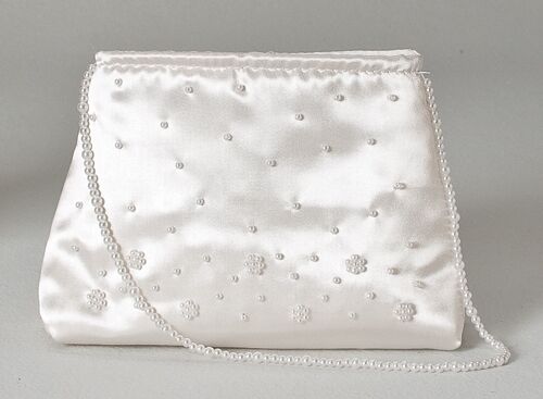 First Communion Beaded Satin Purse W/ Faux Pearl Handle