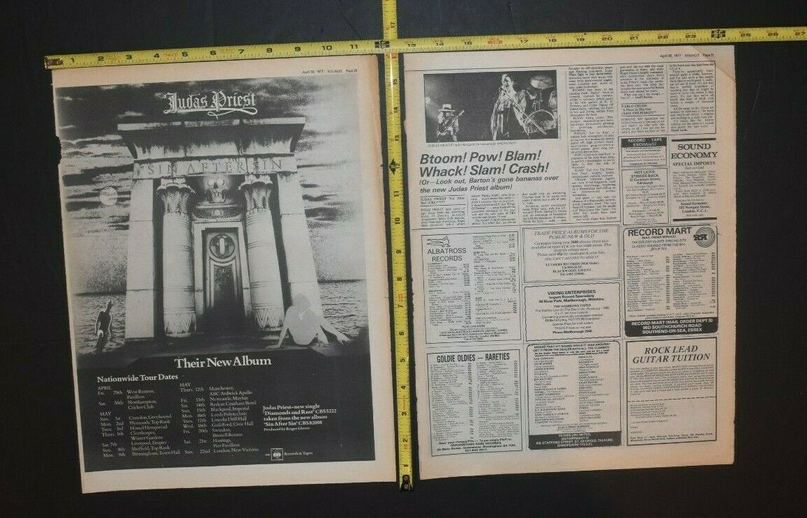 Judas Priest 2 Pc. Newspaper Lot Album Ad/ Review Tour Dates 1977 Sin After Sin
