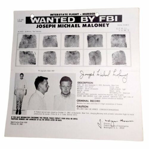 Authentic Vintage 1968 Fbi Wanted Poster For Murder- Joseph Michael Maloney