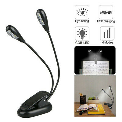 2 Arms Rechargeable Music Stand Led Light Clip-on Dimmable Bed Book Reading Lamp