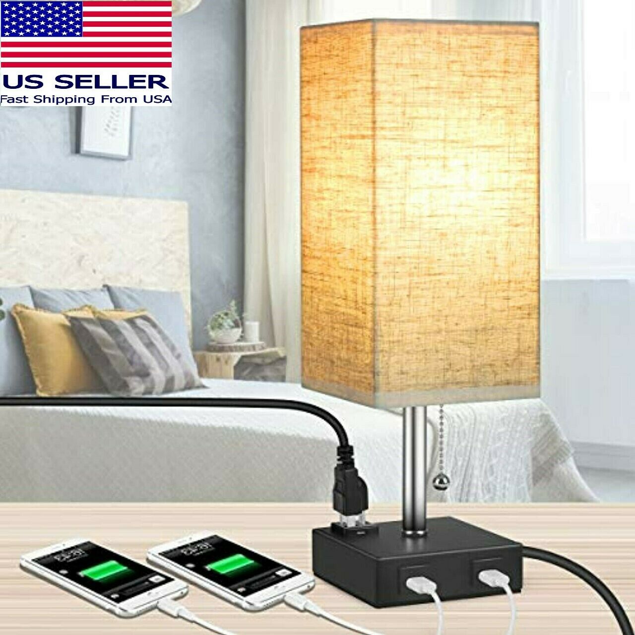 Moico Bedside Modern Table Nightstand Lamp W/ 2 Usb Charging Ports & 1 Ac Outlet
