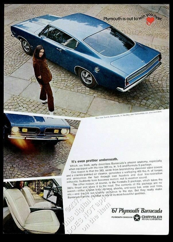 1967 Plymouth Barracuda Blue Car 3 Color Photo Vintage Print Ad