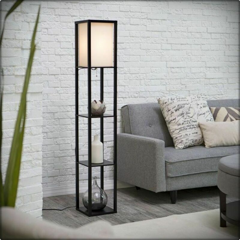 Modern Accent Light Wooden Floor Lamp With Storage Shelves For Living Room New