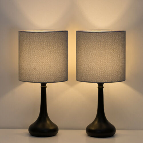 Modern Set Of 2 Bedside Lamp Gray Linen Table Lamp Pair For Bedroom,living Room
